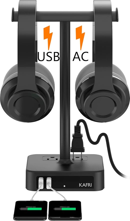 KAFRI Dual Headphone Stand with USB Charger Desk Gaming Double Headset Holder Hanger Rack with 2 USB Charging Port and 2 Outlet - Suitable for Gamer Desktop Table Game Earphone Accessories Gift by Unknown