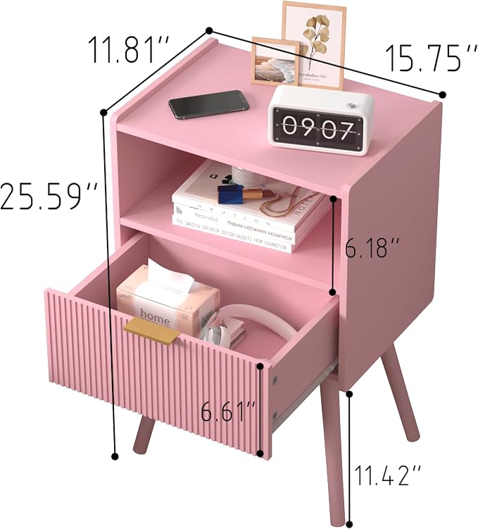 JOONEE Nightstand,Modern Bedside Table with Storage Drawer and Open Wood Shelf, for Living Room, Bedroom and Small Spaces, Accent Night Stand with Solid Wood Legs, Easy Assembly,Classic Pink - Image 2
