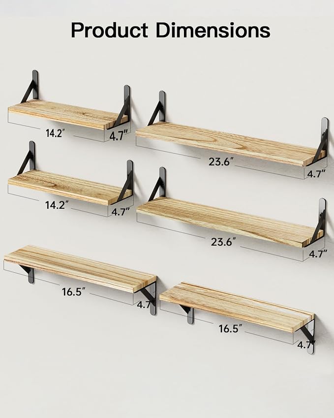 Amada Solid Paulownia Wood Wall Shelves, Large Size, 6 Pcs, Natural Wood - Image 3
