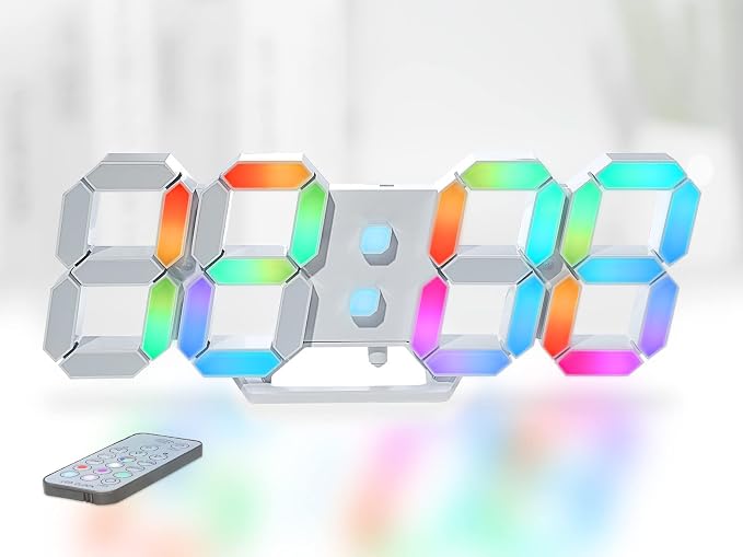 KOSUMOSU Wall Clock Neon Digital Clock 3D LED Desk Clock Large Display 9.7" RGB Clock Alarm Clock for Bedroom Living Room,Remote,Brightness Dimming, Date,Temp by KOSUMOSUTECHNOLOGY