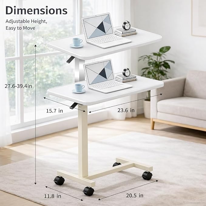 Adjustable Overbed Table with Wheels, Pneumatic Height Lift Rolling Bedside Table, Standing Desk for Home & Office Use, Ideal for Seniors & Limited Mobility(White) - Image 2