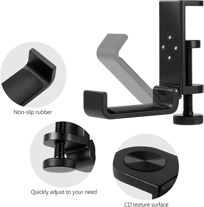 All Aluminum Foldable Headphone Holder for Desk, Headset Stand for Desk,Backpack Holder Hook for Desk,Table Bag Hook,Under Desk Clamp Hook for Gaming PC Accessories,Deep Black - Image 5