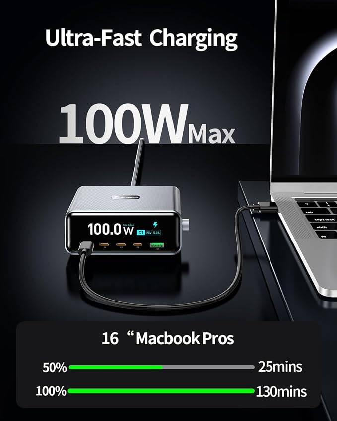 100W 5-Port GaN USB C Charging Station with LCD Smart Display & Control Knob, Desktop Fast Charger for Multiple Devices, Compatible with MacBook, iPhone, iPad, Galaxy, Home Office,Gaming Accessories - Image 3