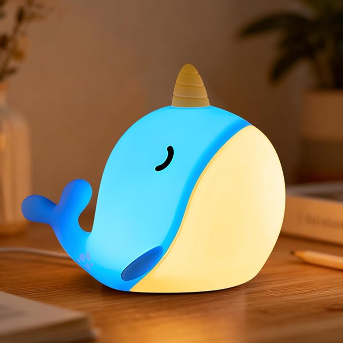 Cute Narwhal Night Light, Tap Control with 3 Warm White Brightness, USB Kids Bed Lamp with 30-Minute Timer, Soft Silicone Glow for Nursery, Birthday Gift, Blue by HPYDIY