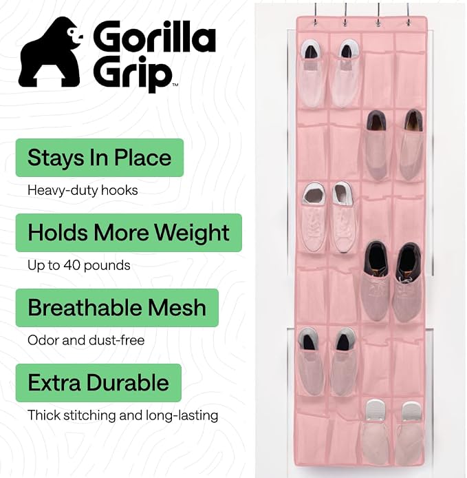 GORILLA GRIP Over the Door Shoe Organizer, 24 Large Pockets, Pink - Image 2