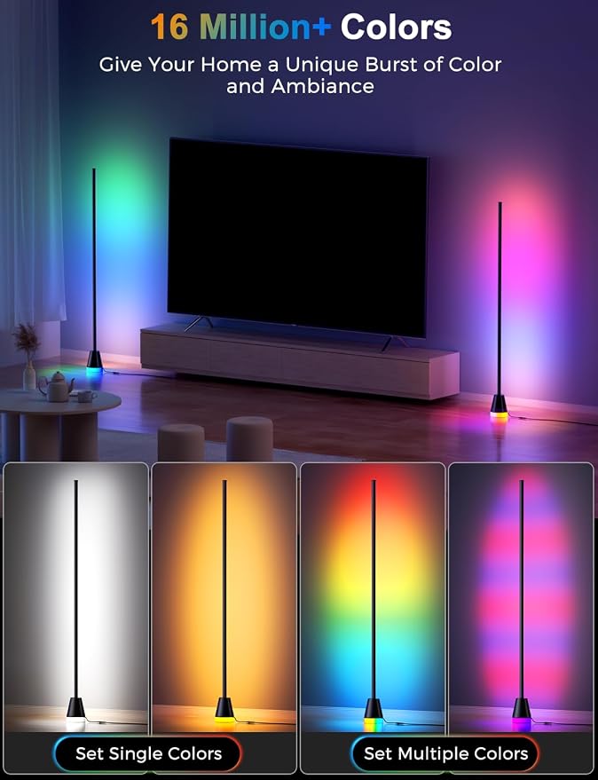 RGBICW Corner Floor Lamp, Modern LED Ambient Lighting, Jet Black - Image 3