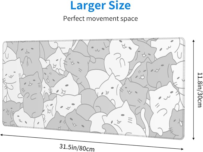 White Kawaii Cats E-Sport Mouse Pad Large Desk Mat Non-Slip Rubber Base Stitched Edge Keyboard Mouse Pad for Office Home E-Sport Computer Laptop, 31.5×11.8 Inches - Image 2