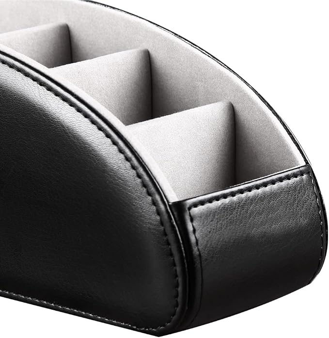 PU Leather Remote Control Holder with 5 Compartments - Storage Tray & Desktop Organizer for TV Remotes,Glasses,Pens,Accessories - Space-Saving Design for Bedside Table & Office Desk (Black) - Image 5