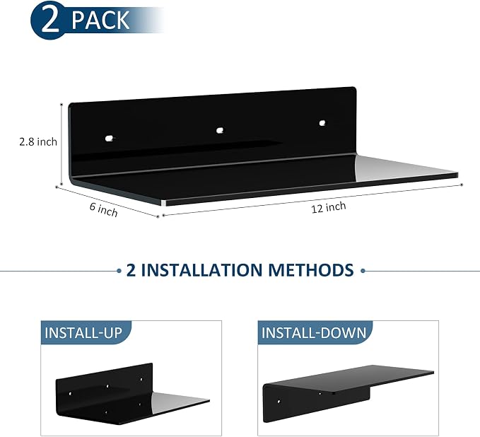 Sezanrpt 12 Inches Acrylic Wall Shelves 2 Pack, Floating Shelf for Wall Mounting, Acrylic Display Ledges for Funko Pop Figures, Home Décor, Living Room, Gaming Room, Plants(12 inch, Black) - Image 3