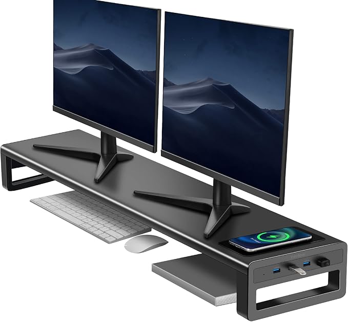 Vaydeer Dual Monitor Stand, Double Monitor Riser with Wireless Charger and 4 USB 3.0 Hub Ports, Metal Desk Raiser for 2 Monitors, PC Screen iMac Studio Display Gaming Office Work Space Saver Organizer by Vaydeer