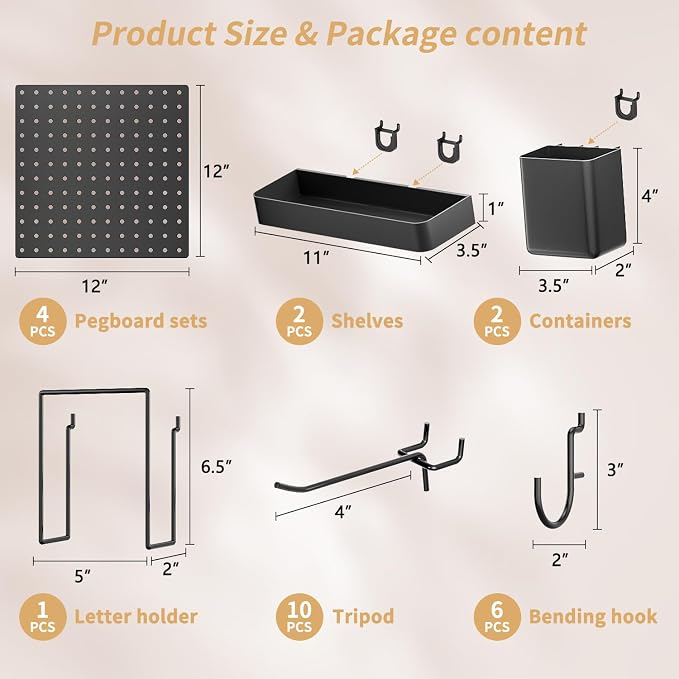 FZK Modular Plastic Pegboard Wall Organizer Kit, Black, 12x12, 4 Panels | ABS material, wall mount storage kit, includes hooks and shelves, drill free or screw installation, for home & gaming room - Image 2