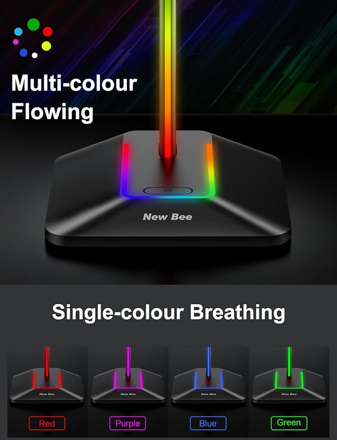 New Bee Headphone Stand with RGB Lighting, Sturdy Aluminum Gaming Headset Holder with USB-C & USB Charging Ports, Stable Desktop Earphone Stand for All Headphones Size, Black | USB-C & USB Charging Ports, Stable Desktop Earphone Stand for All Headphone... - Image 2