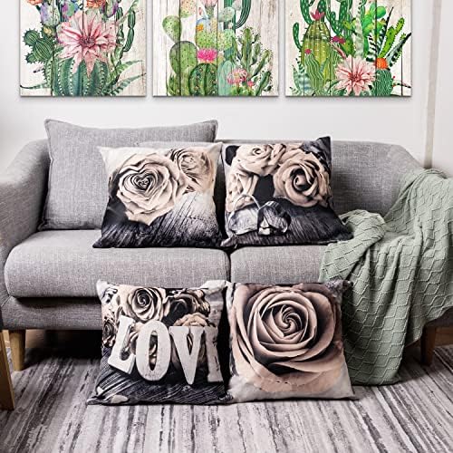 Beige Flower Throw Pillow Covers Grey Rose Pattern Pillow Case Decorative 18x18” Set of 4, Square Cushion Cases Cotton Linen for Bedroom Living Room Sofa Couch Outdoor Patio Pillowcase Home Decor by YOOOAHU