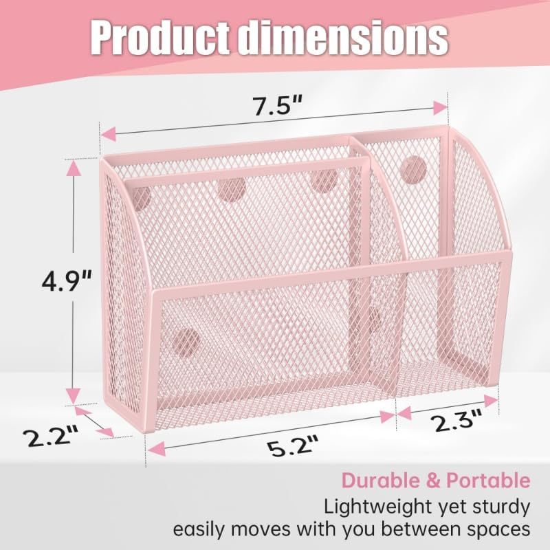 YINGHUA 3 Compartment Magnetic Metal Mesh Pen Holder, Pink Desk Caddy - Image 2