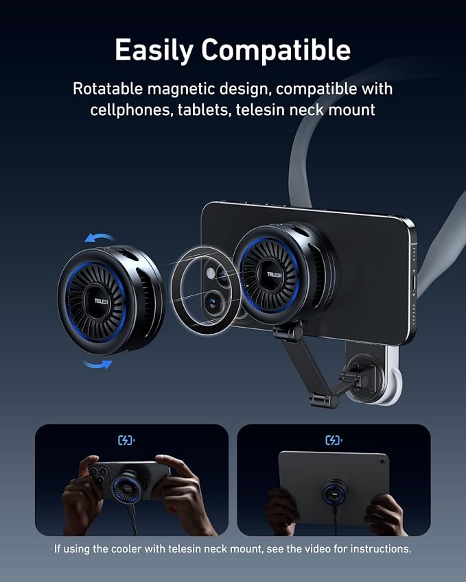 TELESIN Magnetic Phone Cooler Pro for Gaming and Live Streaming, Cell Phone Cooling Fan Portable Phone Radiator Cooling Fan for MagSafe, for iPhone/Android TELESIN Magnetic Neck Mount - Image 6