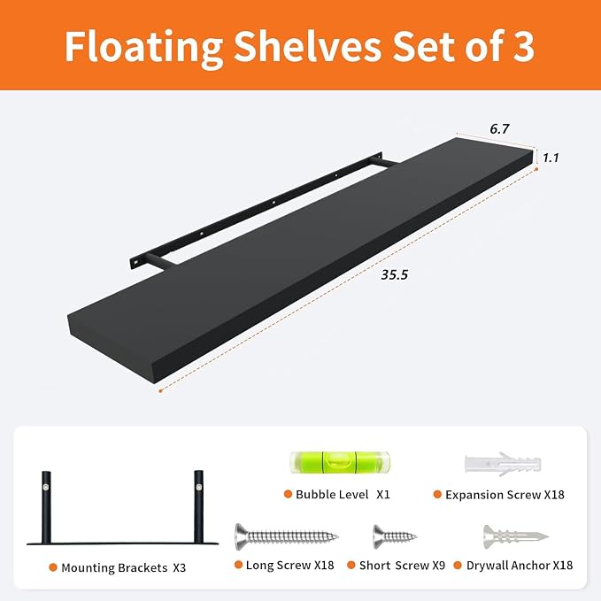 Floating Shelves for Wall Set of 3, 36" Black Wall Shelves for Home Decor - Image 3