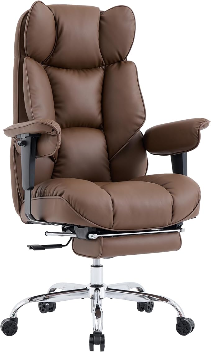 Efomao Executive Office Chair 400lbs,Brown Big and Tall Desk Chair | Mattress-grade pocket spring cushion, sleek leather, 135° recline & footrest for computer gaming setup. by OFFICECHAIR
