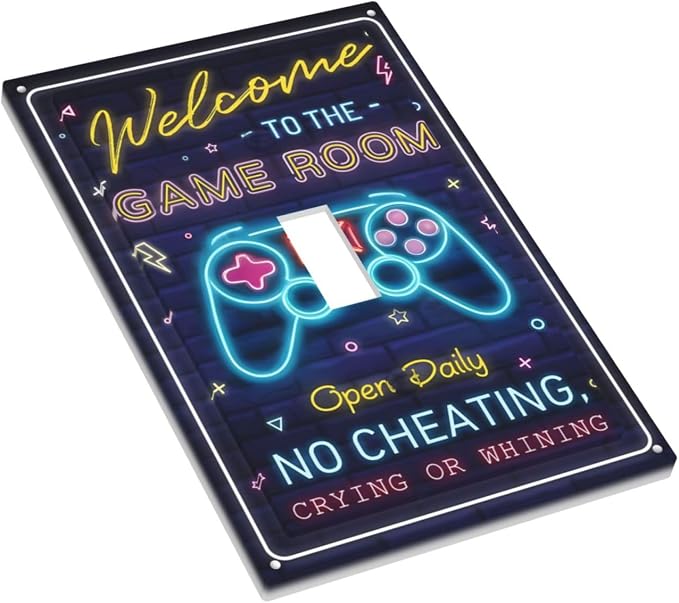 Single Toggle Rocker Switch Wall Plate, Neon Game Controller Welcome To Game Room 1 Gang Light Switch Cover with Matching Color Mounting Screws, Gaming Decor Faceplate for Bedroom Game Room - Image 3