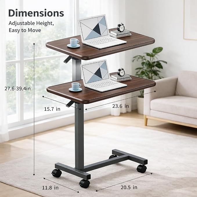Adjustable Overbed Table with Wheels, Pneumatic Height Lift Rolling Bedside Table, Standing Desk for Home & Office Use, Ideal for Seniors & Limited Mobility(Walnut Brown) - Image 2
