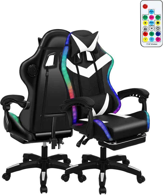 Gaming Chair with 2 Bluetooth Speakers & Lights, Ergonomic High-Back Office Chair with Headrest & 135° Recline, 360° Swivel Height Adjustable Faux Leather Computer Chair for Gaming, Office & Study by Tacarlha