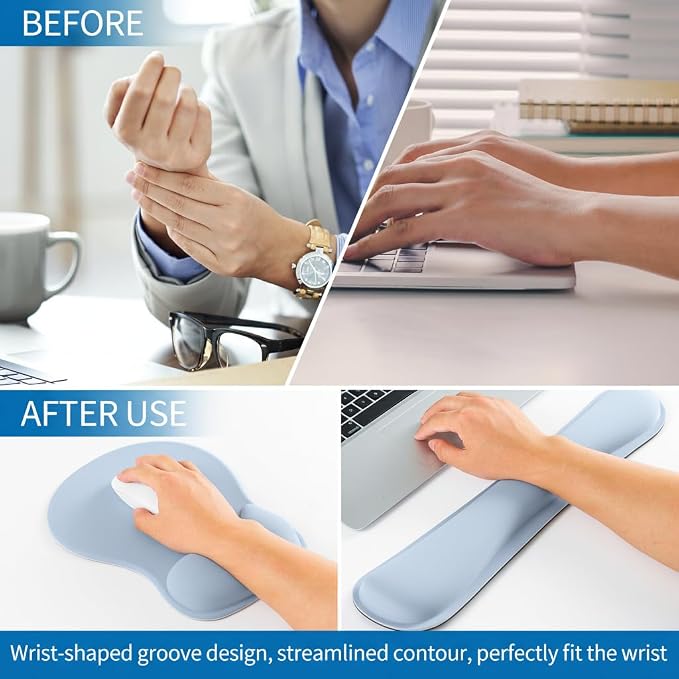 RICHEN Wrist Rest Support for Mouse Pad&Keyboard Set with Coaster,Concave Curved Memory Foam, Non-Slip Base Pain Relief Comfortable Easy Typing Pad for Home/Office (Light Blue) - Image 5