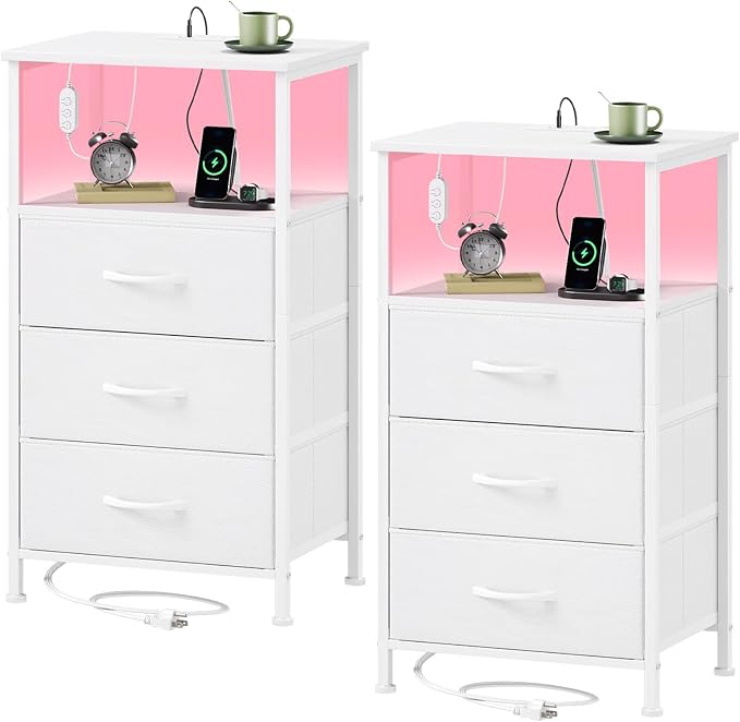 Somdot Nightstands Set of 2 with 3 Drawers, Charging Station & LED Light by Somdot