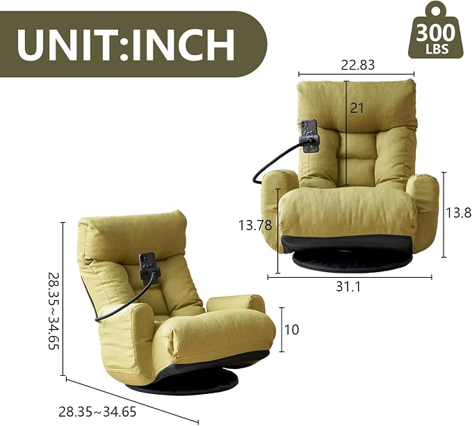 360° Swivel Gaming Floor Chair, 5 Position Adjustable Folding Sofa Chair with Armrests & Phone Holder, Cushion Padded Indoor Chaise Lounge for Adults, Home Office Floor Leisure Chairs, Green - Image 2