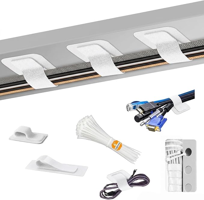 Under-Desk Cable Management Kit: 20 Adhesive & 100 Zip Ties(White) by Unknown