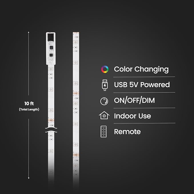 Feit Electric 10ft Color LED Tape Light, Dimmable, RGB Color with Remote Control, Cut-to-Fit Design, 5V USB-Powered Display Lighting, Indoor Use Only, 25,000-Hour Lifetime, TAPE120/RGB/USB - Image 3