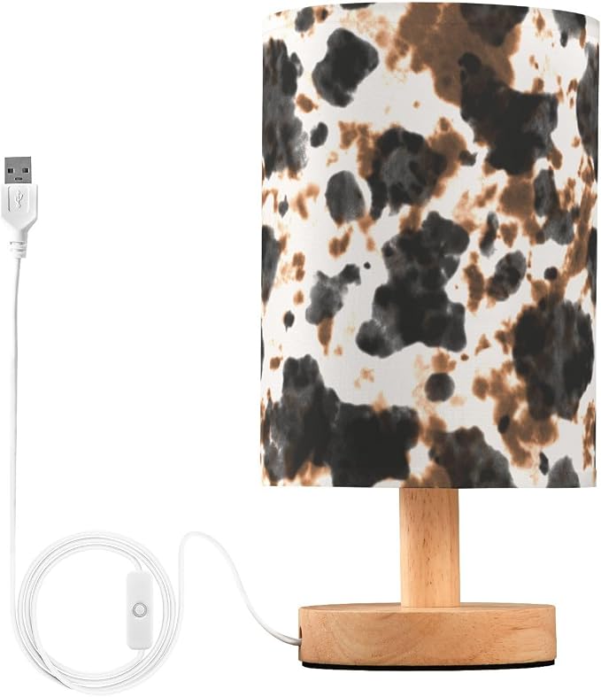 Bedside Table Lamp Cow Tie Dye Print Nightstand Lamp with Wood White Black Brown Animal Skin Desk Lamps for Bedroom Living Room Nursery Office Home Decor by Oarencol