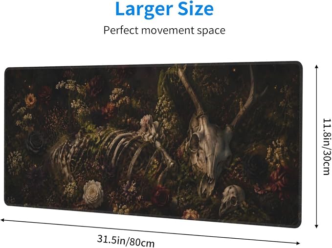 Dark Floral Skull Large Mouse Pad Desk Mat Non Slip Rubber Base Stitched Edges Office Gaming - Image 4