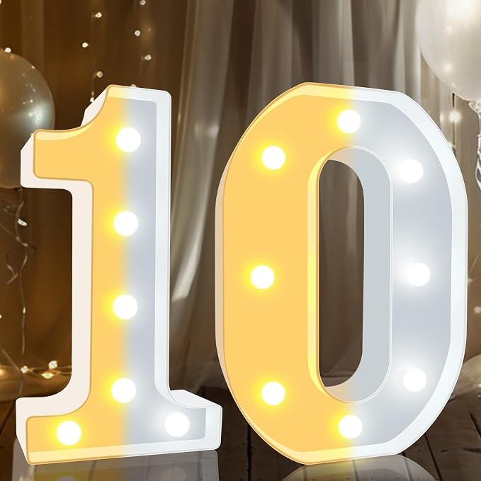 Pooqla 10th Birthday Decoration for Girls Boys, Decorative LED Light Up Numbers, Marquee Numbers 10 Sign for Party Backdrop 10th Wedding Anniversary Decor, Warm White and Cool White Number 10 - Image 7