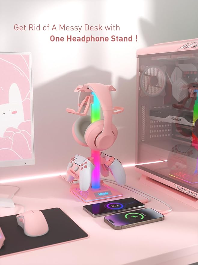 VCOM RGB Gaming Headphones Stand with 2 USB Ports, Pink Headset Stand with 10 Light Modes and Non-Slip Rubber, Suitable for PC Desk Accessories Gamers Gift(Pink) - Image 7