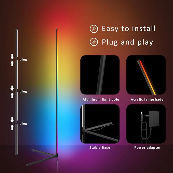 Tyute Corner Floor Lamp 2 Pack, LED Lamps with Remote, RGB Standing Lamp, LED Light Stick, Music Sync Dimmable Color Changing Ambient Light Bar for Bedroom, Living Room, Gaming Room, Party, Dorm - Image 6
