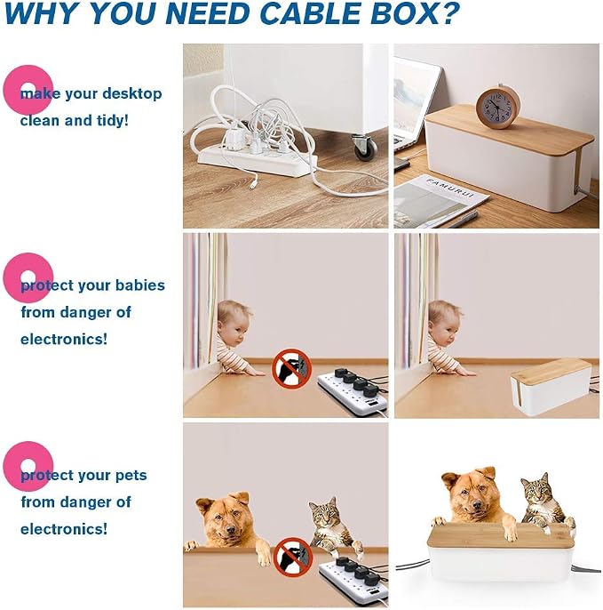 PowerKing Cable Management Boxes Organizer, Bamboo Lid, Large Storage Wires Keeper Holder for Desk, TV, Computer, USB Hub, System to Cover and Hide & Power Strips & Cords (Ice White) - Image 2