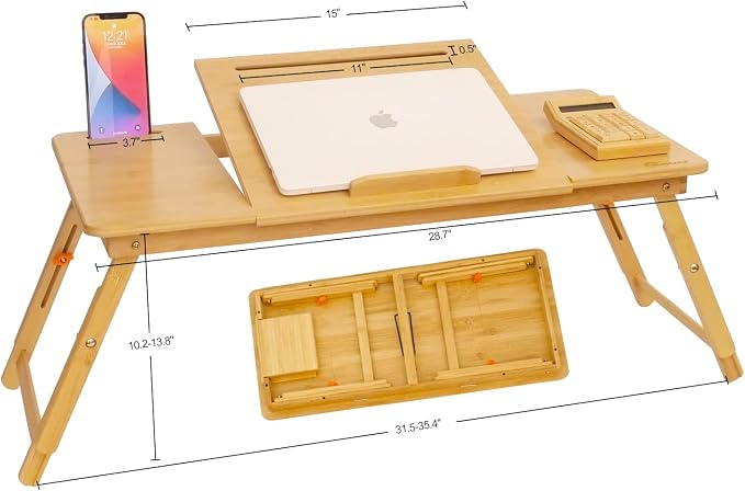 Lap Desk COIWAI Laptop Table Bamboo Writing Eating Bed Tray Adjustable Angle Height Foldable Desk Tray with Tablet Slot Drawer Breakfast Coffee Tea Table for Sofa Couch Floor Large Size - Image 6
