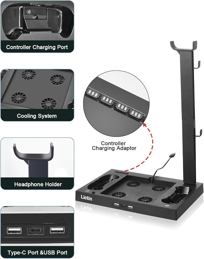 Lictin Cooling Fan Charging Station for Xbox Series X Console & Controller | Upgraded 4 Cooler Fan System Stand, Vertical Dual Charger Station Dock Accessories with 2 x 1400mAh Rechargeable Battery - Image 7