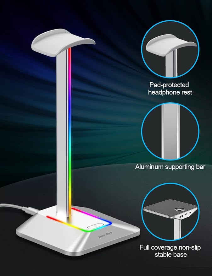 New Bee RGB Headphone Stand with 1 USB-C Charging Port and 1 USB Charging Port, Desk Gaming Headset Stand with 7 Light Modes and Non-Slip Rubber Base Suitable for All Earphone Accessories (Silver) | USB-C & USB Charging Ports, Stable Desktop Earphone S... - Image 4