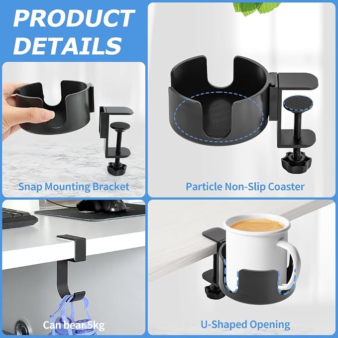 Desk Cup Holder Clamp & Hook, Anti-Spill Cup Holder, Headphone Hook, Adjustable Height, Black Aluminum - Image 3