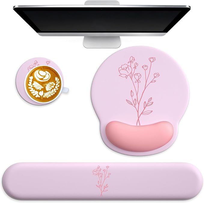 3 in 1 Ergonomic Mouse Pad and Keyboard Wrist Rest with Coaster Set-Pink by Wiabsi