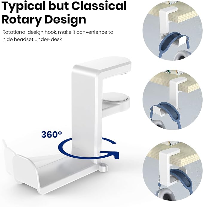 EURPMASK Rotating Headphone Stand,Adjustable Clamp-on Headset Holder Hanger | 360 Degree Swivel,Headset Hook Under Desk,No Residue,Cable Organizer,Soft Rubber Pads,Keep Headphones Secure&Desk Tidy,Black - Image 4