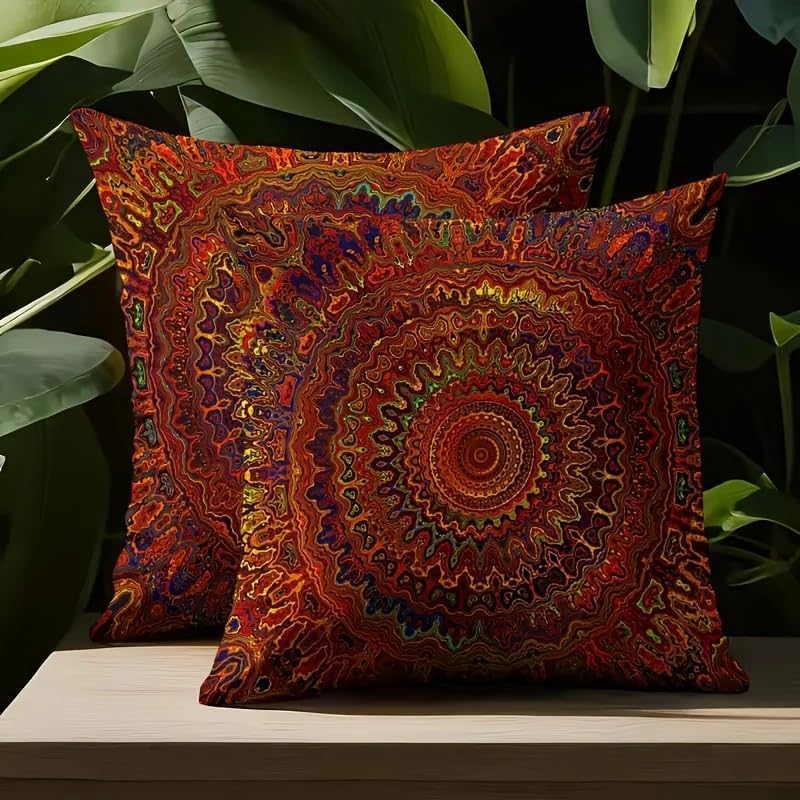 Decorative Linen Throw Pillow Covers, Mandala Pattern, Set of 2 18x18 pillows Red Fantasy Golden Mandala Bohemian Style Modern Decorative Square Pillowcases for Sofa Couch Bedroom Living Room Car - Image 5