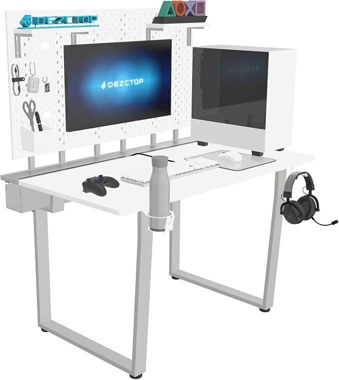 Dezctop Bifrost 120 47W x 28D Gaming PC Computer Desk with Shelves, Large Workstation for Gamers or Home Office with Pegboard, Built-in Cable Management, Stainless Steel Frame (White) by Dezctop