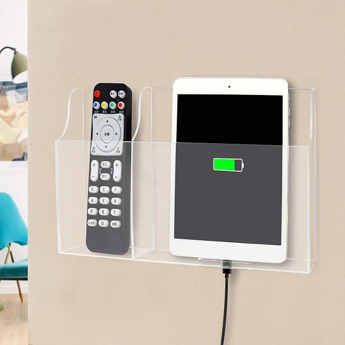 Clear Wall Tablet Holder Acrylic Wall Mounted Phone Holder for iPad, Remote Control Holder Laptop Stand for eReader Storage Caddy with Charging Holes for Kindle iPhone - Image 4