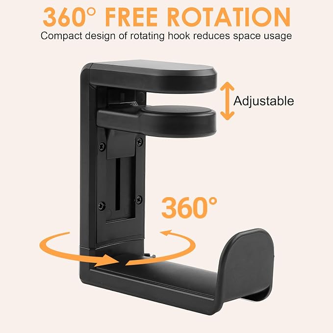 Rotating Headphone Stand, No-Drill 360° Rotating PC Gaming Headset & Controller Holder, Under Desk Hanger with 360 Degree Swivel & Cable Clip Organizer - Image 3