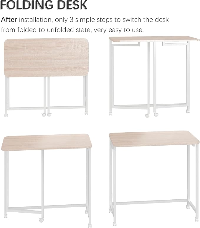 4NM 27.5" Mobile Small Rolling Computer Desk, Folding Laptop Cart Table with Wheels, Portable Office Desk for Small Space Couch Bed - Natural and White - Image 6