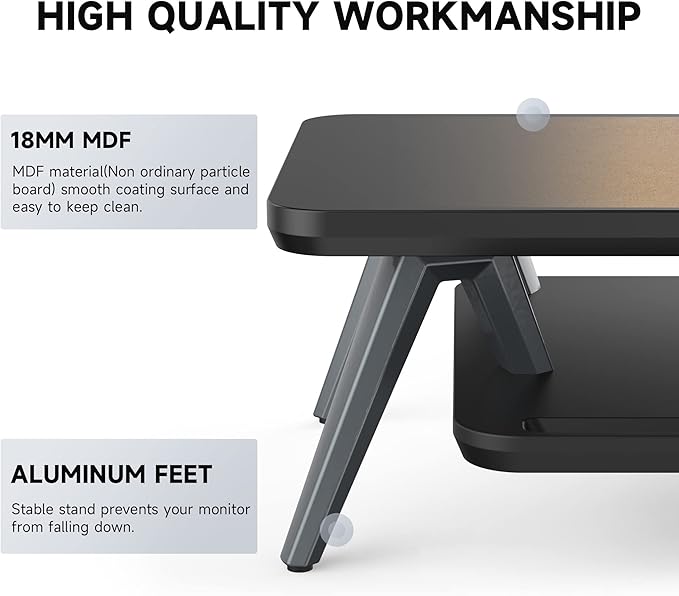 Fenge Dual Monitor Stand Riser, Wooden Desk Shelf with 2-Tier Storage | 42.5-Inch Wide, Sturdy Aluminum Legs, Built-In Phone & Tablet Slot, Desktop Organizer for Office Accessories - Image 3