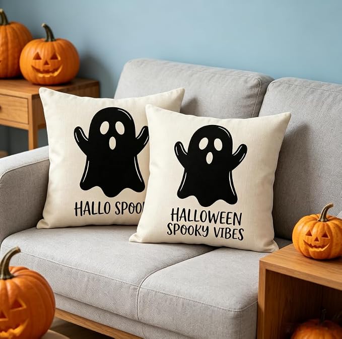 Halloween Ghost Throw Pillow Covers, Linen, 18x18 Inch, Set of 2, Spooky Vibes Design, Square, Machine Washable - Image 5