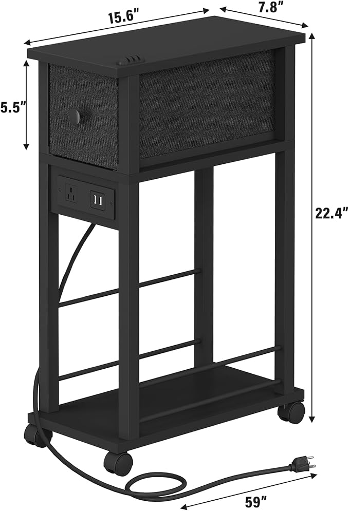Slim Nightstand Set of 2, Narrow Side Table with Charging Station & Drawer - Image 3