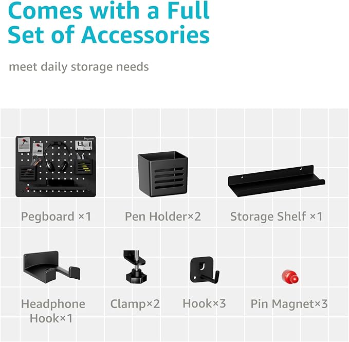 PEGZONE 16.5" x 12.6" Clamp-on Desk Pegboard, Bundle with 8 Pieces Accessories, Black - Image 4